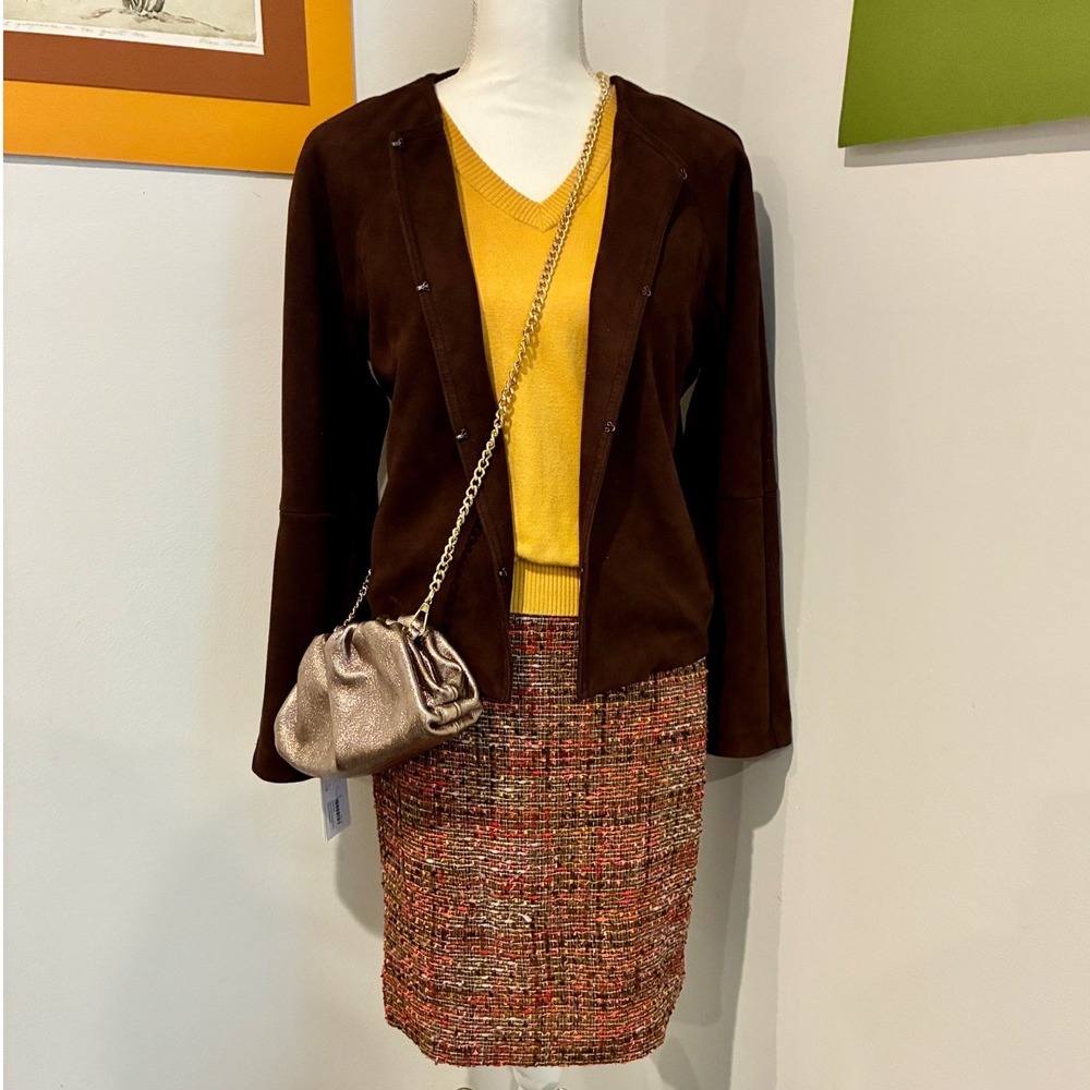 Brown Faux Suede Jacket Medium Hook Eye Collarless Y2K Minimalist